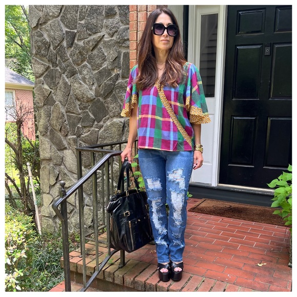 21 Boho Blue Green Purple Plaid with Gold Trim Crossover Top - Picture 3 of 10